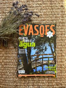 een tijdschrift zittend op een bank met een boek bij O VIOLAS - Art Coffee & Guesthouse in Praia de Mira