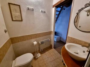 a bathroom with a toilet and a sink and a mirror at Francigena Maison in Sutri