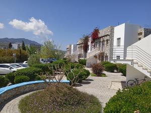 a tree in a garden next to a building at Apartament Palm Bay View Esentepe Bahceli in Kérynia