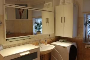 ein Badezimmer mit einem Waschbecken, einem WC und einem Spiegel in der Unterkunft Haus am See in Bernburg