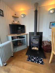 a living room with a stove and a tv at Y Stabl in New Quay