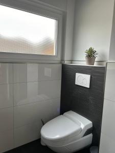 a bathroom with a white toilet and a window at Alex Design Appartment in Rastatt