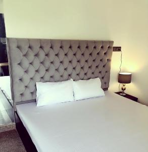 a bed with a padded headboard and two white pillows at Anne’s Laces Homestay in Guwahati