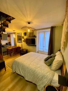 1 dormitorio con 1 cama y sala de estar en Les Logis Aux portes de la Vallée de Chevreuse, 