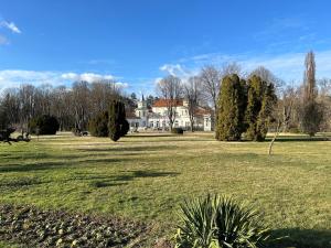 a large field of grass with a house in the background at Vila Drina Apartments in Banja Koviljača
