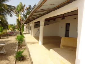 Kabrousse的住宿－HOTEL DU BAR DE LA MER CAP SKIRRiNG，海滩上一棵棕榈树的房子
