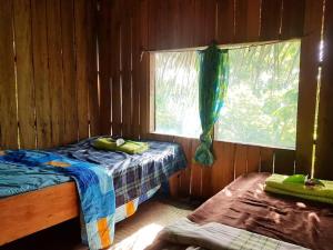 a bedroom with two beds and a window in it at Tanna Eagle twin volcano view tree house in White Sands