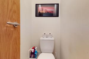 a bathroom with a toilet with a picture on the wall at Gorgeous 2 bed flat with free parking and garden in London