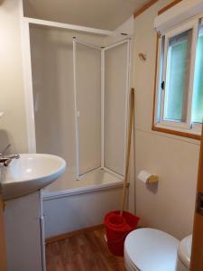 a bathroom with a shower and a sink and a toilet at Camping L'Enclave mobil-home in Estavar