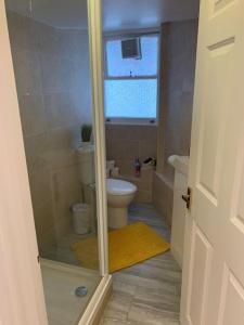 a small bathroom with a toilet and a window at Luxury 2 Bedroom apartment in King's Cross in London