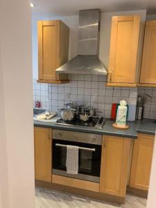 a kitchen with a stove with pots and pans at Luxury 2 Bedroom apartment in King's Cross in London