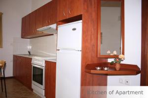 a kitchen with a white refrigerator and wooden cabinets at Eye Q Resort in Megali Ammos