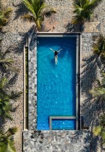 an overhead view of a person swimming in the water at Goddess Garden Sigiriya in Sigiriya