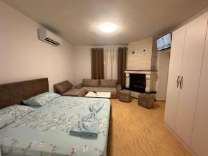 Guest House Sakollari في Poliçan: غرفة نوم صغيرة مع سرير وأريكة