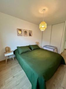 a bedroom with a large green bed in a room at Superbe appartement T3 en résidence avec piscine in Albertville