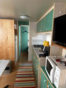 uma cozinha com armários verdes e uma porta azul em Mobile Home Italy em Porlezza
