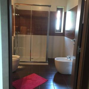 a bathroom with a shower and a toilet and a sink at 4 bedrooms house with private pool jacuzzi and wifi at Roxos in Santiago de Compostela