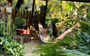 an old man sitting in a hammock in a garden at Posada Maná in San Juan La Laguna