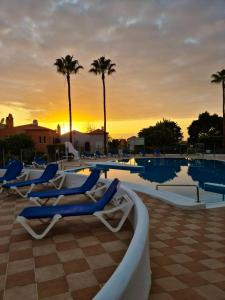 a group of lounge chairs sitting next to a swimming pool at 2 bedrooms appartement with shared pool terrace and wifi at Costa Adeje in Santa Cruz de Tenerife