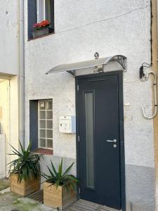 uma porta para um edifício com plantas em frente em Studio Sanae em Lézignan-Corbières
