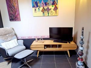 salon z telewizorem i krzesłem w obiekcie Maison d'une chambre avec terrasse a Tarascon sur Ariege w mieście Tarascon-sur-Ariège