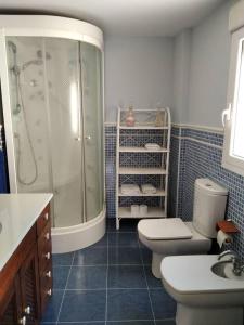 a bathroom with a shower and a toilet and a sink at 3 bedrooms apartement at Bronchales in Bronchales