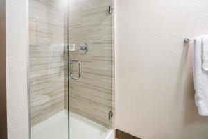 um chuveiro com uma porta de vidro na casa de banho em Landing Modern Apartment with Amazing Amenities (ID1959) em Denver
