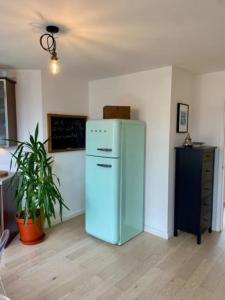 a kitchen with a refrigerator and a plant in a room at Beautiful canal-view apartment in London