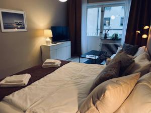 a bedroom with a large bed and a television at Cozy one bedroom apartment in Stockholm in Stockholm