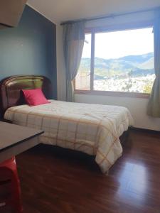 een slaapkamer met een bed en een groot raam bij Adelita Departamento Loja in Loja