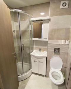 uma casa de banho com um chuveiro, um WC e um lavatório. em Yellow em Belgrado
