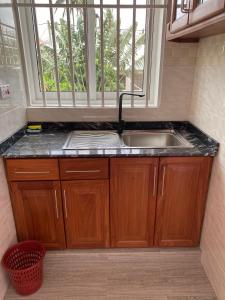 ダル・エス・サラームにあるLuckySmallie 1-Bed Apartment in Goba Dar es Salaamのシンクと窓のあるキッチン +11枚の写真