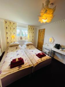 sypialnia z 2 łóżkami i żyrandolem w obiekcie K&B Residence w mieście Jarosław