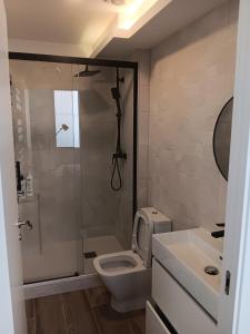 een badkamer met een douche, een toilet en een wastafel bij Francos Rodriguez2 Apartments in Madrid