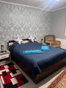 特爾古穆列什的住宿－Heartplace，一间卧室配有一张带蓝色床单的床和一把椅子