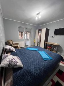 特爾古穆列什的住宿－Heartplace，一间卧室配有一张带蓝色床单的大床