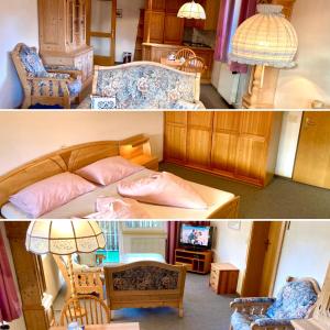 two pictures of a bedroom with a bed and a living room at Motel Brunner Apartments & Zimmer in Bad Eisenkappel