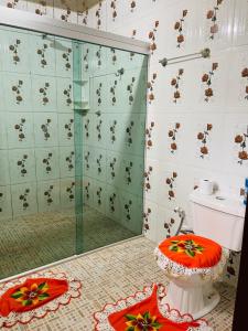 a bathroom with a glass shower and a toilet at Hotel Caribe de Alter in Alter do Chao