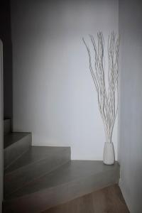 a white vase with a plant on a shelf at Paros Melodia Apartments in Logaras