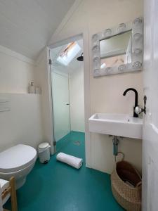 uma casa de banho com um WC, um lavatório e um espelho. em Charming beach house em São Martinho do Porto