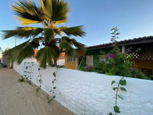 a palm tree in front of a white fence at Pousada Brisa do Mar in Galinhos