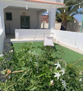 une chaise blanche assise sur une pelouse devant une maison dans l'établissement Villa Clemente, à Marina di Lizzano