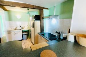 a kitchen with green walls and a counter top at Suite Rive Gauche - FONTAINEBLEAU RUE GRANDE - Chez Alexis in Fontainebleau