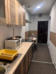 特爾古穆列什的住宿－Heartplace，厨房配有水槽和台面上的微波炉