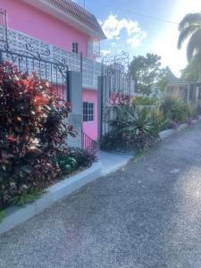 un bâtiment rose avec un portail et quelques plantes dans l'établissement Three Palm Villa, à Montego Bay