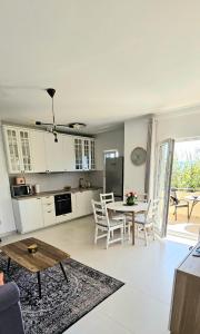 cocina y sala de estar con mesa y sillas en Apartment Big blue, en Maslenica