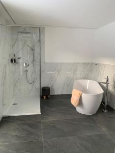a bathroom with a shower and a bath tub at Nefer, Haus in Bad Gastein