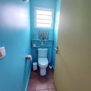 een blauwe badkamer met een toilet en een raam bij Villa d'une chambre avec piscine privee terrasse et wifi a La Riviere Saint Louis a 8 km de la plage in Saint-Louis