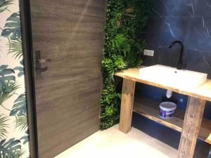 a bathroom with a sink and a green wall at Le cocon du rondeau(gîte cosy) in Labergement-Sainte-Marie