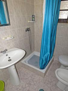 a bathroom with a shower with a sink and a toilet at One bedroom house with terrace and wifi at Miranda do Corvo in Vale de Colmeias